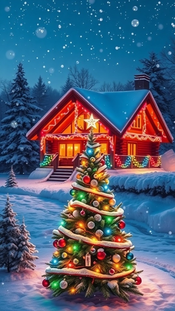 Christmas Wallpaper 1920x1080 4K A cozy cabin in a snowy landscape with a decorated Christmas tree and falling snowflakes.